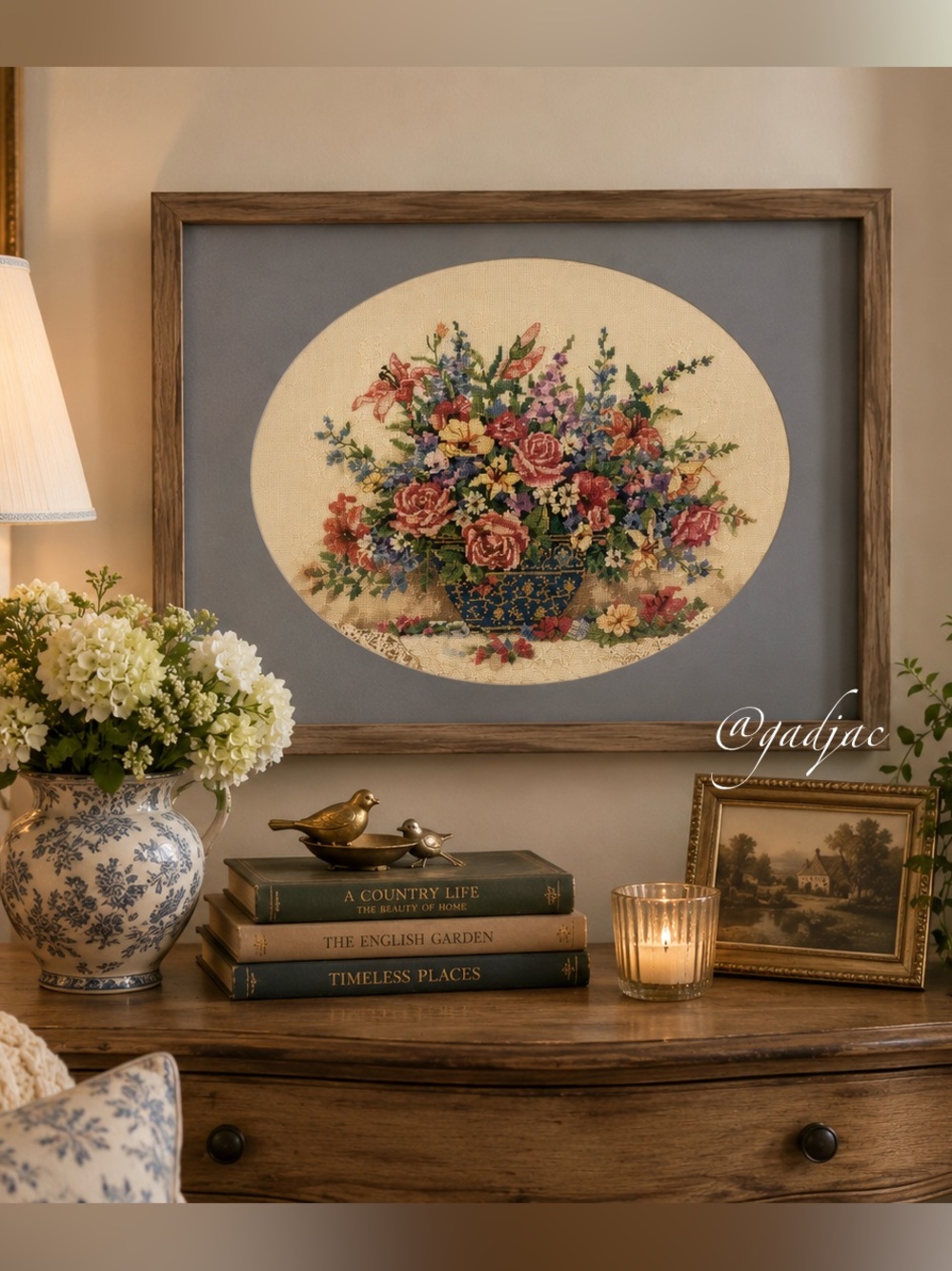 Vintage 90s Framed Floral Counted Cross-Stitch